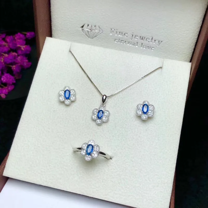 Special offer Natural sapphire set, 925 silver, Australian sapphire, beautiful color. Ring necklace stud earrings.