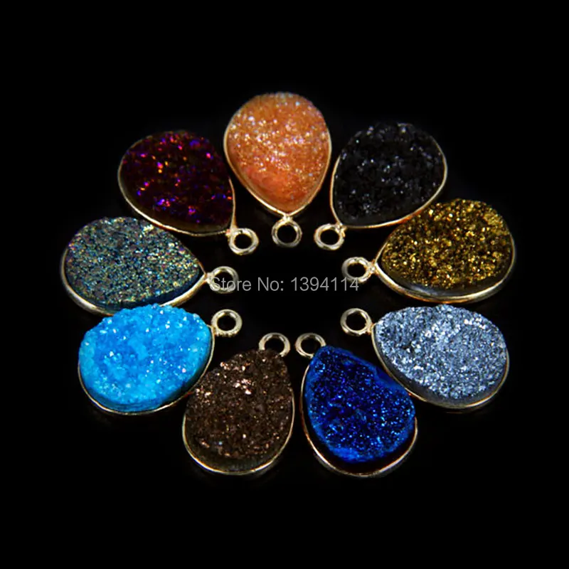 

Mixed Colors Crystal Druzy Drop Pendant Bezel Setting Gold Plated Approx 12*16mm