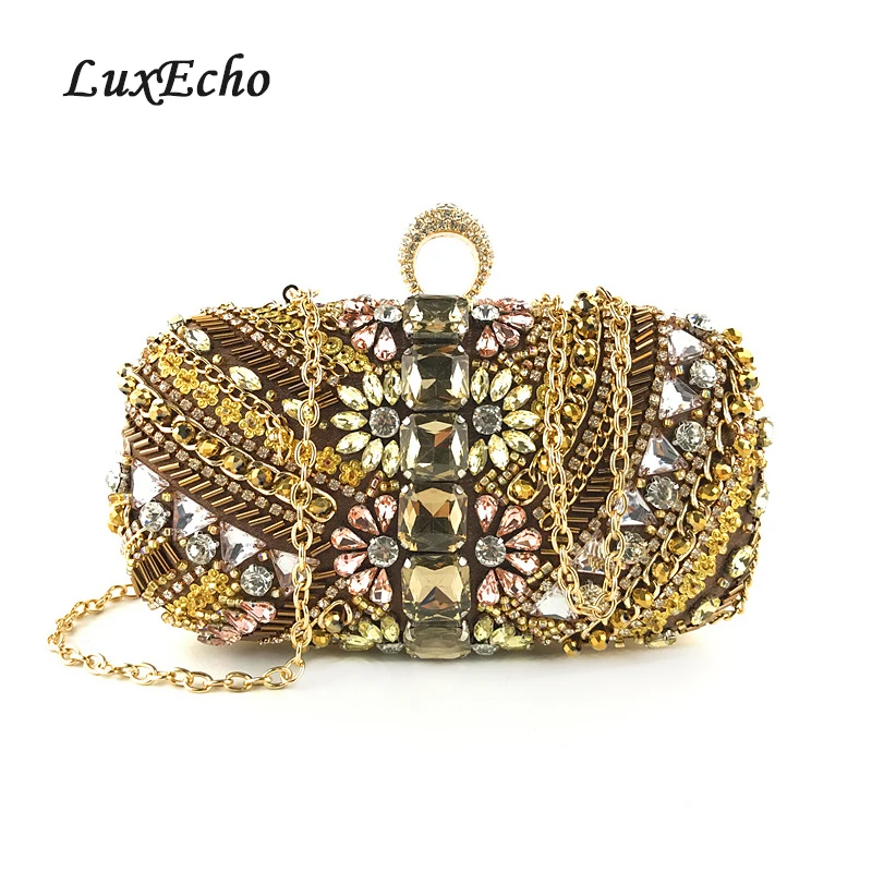 LuxEcho Evening Bags Women's Beading Day Clutches Fashion Bags crystal Flower Wedding Purse shoulder bags Ring buckle