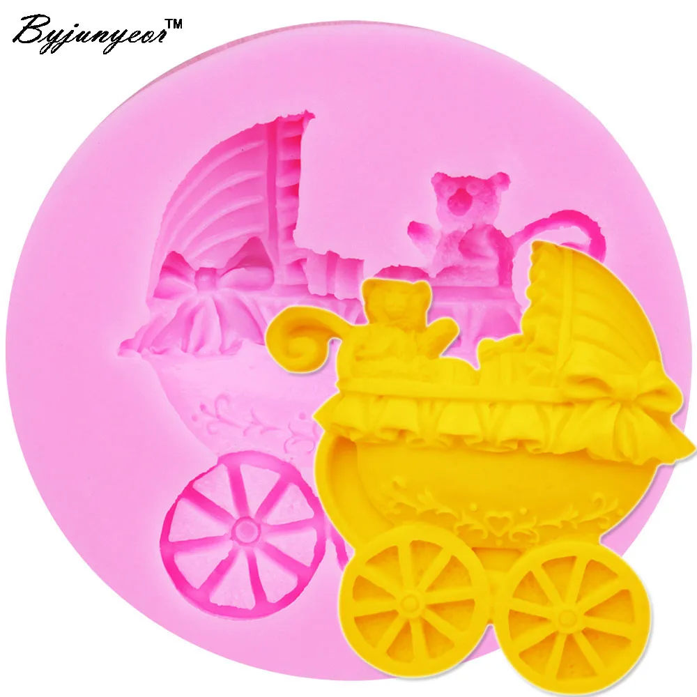 Byjunyeor M399 Bear in Baby Stroller UV Resin Silicone Mold Fondant Chocolate Candy Lollipop Crystal Epoxy Soft Clay Bake Tools