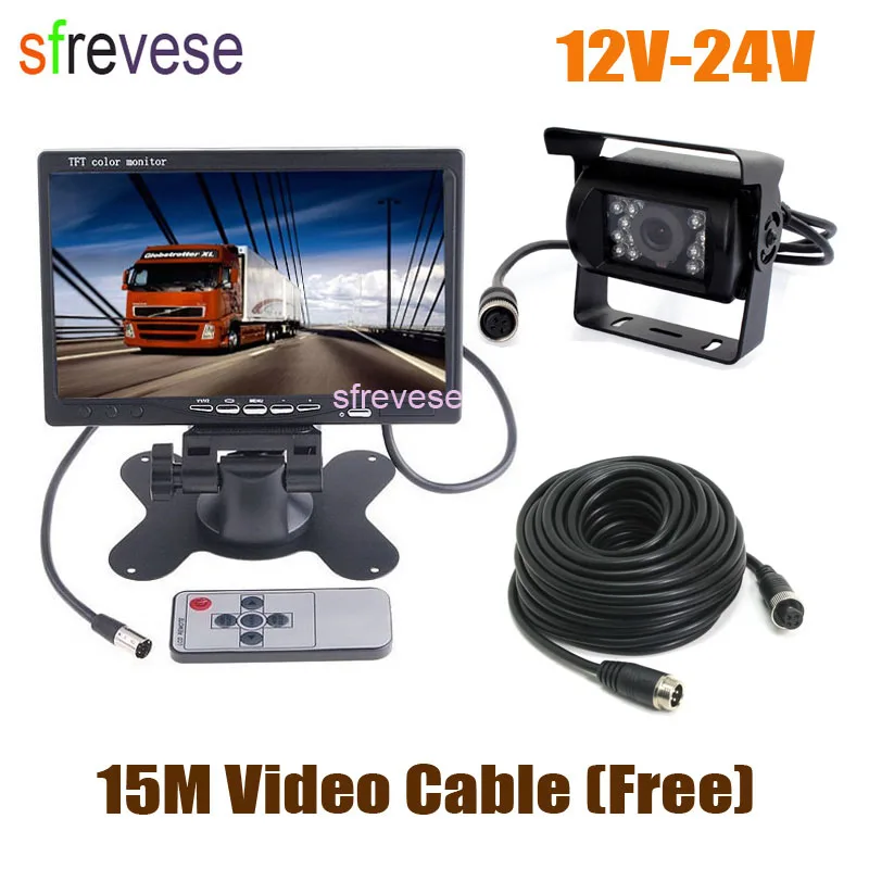 

12V-24V 4Pin 18 LED CCD Parking Reversing Backup Camera + 7" LCD Monitor Car Rear View Kit 15m Cable for Bus Truck Motorhome