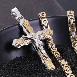 Christian Jesus Cross Crystal Pendant Necklaces Thick Link Byzantine Chain Stainless Steel Men Jewelry Colar Gift