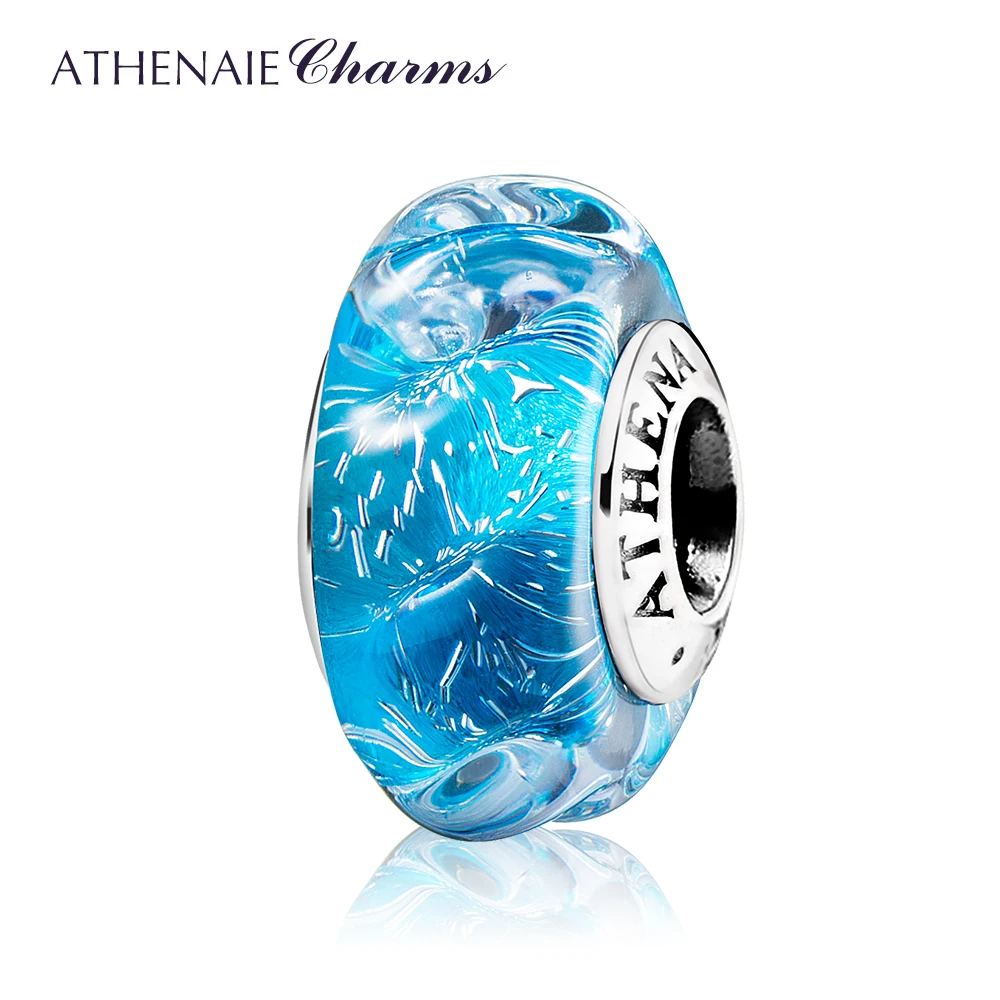 ATHENAIE Blue Murano Glass Beads 925 Sterling Silver  Glittering Ocean Wave Charms Beads Fit Women Charm Bracelets DIY Jewelry