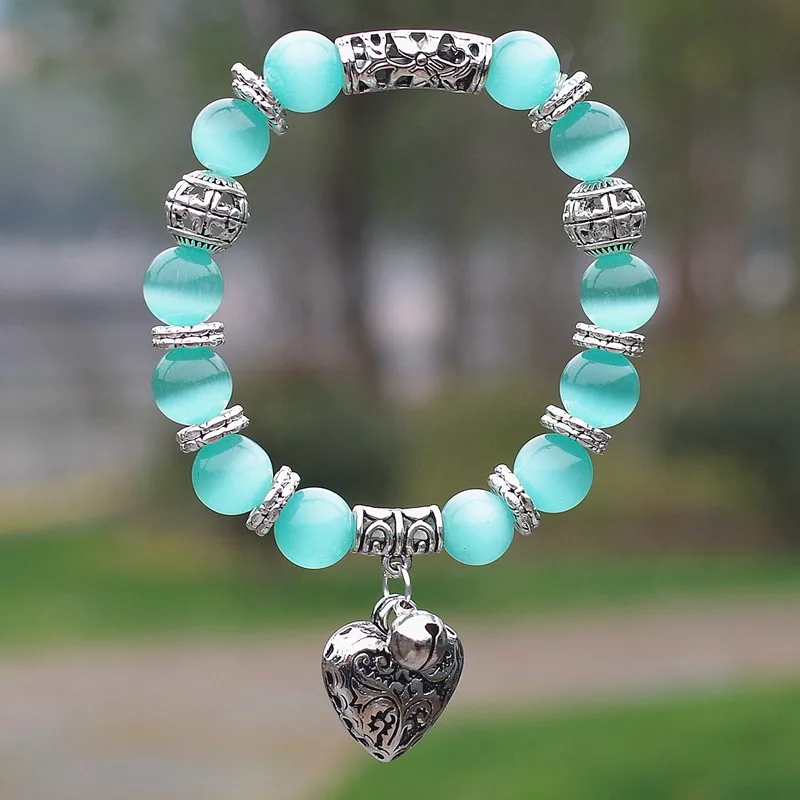 10mm Opal Obsidian Tiger Eye Natural Stone Bracelet with Heart Pendant Charms Strand Bracelet DIY Beaded Bracelet for Women Men image 5