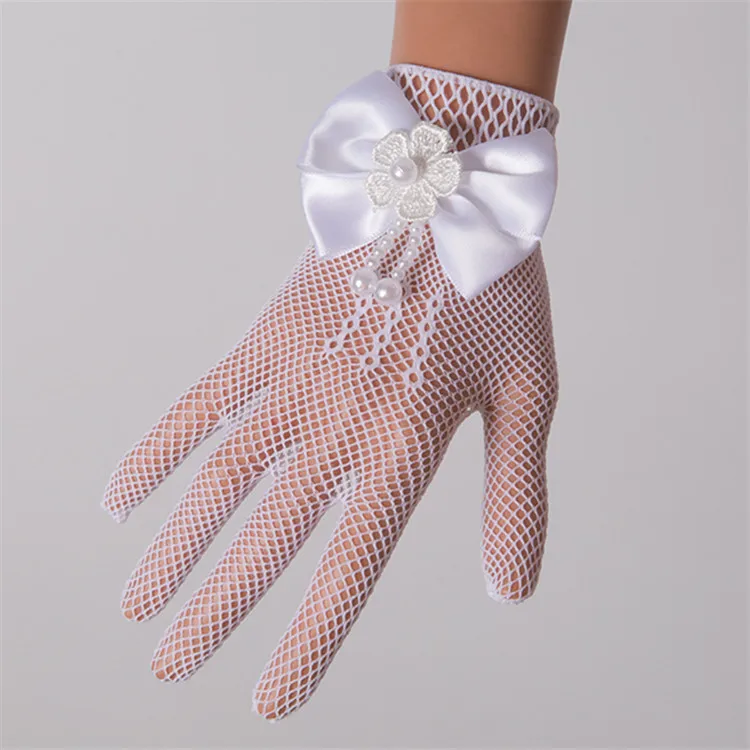 Guantes de boda de perlas de belleza para niñas, accesorios de fiesta de noche de malla para niños, día de Halloween, cumpleaños, rendimiento de arco Gl