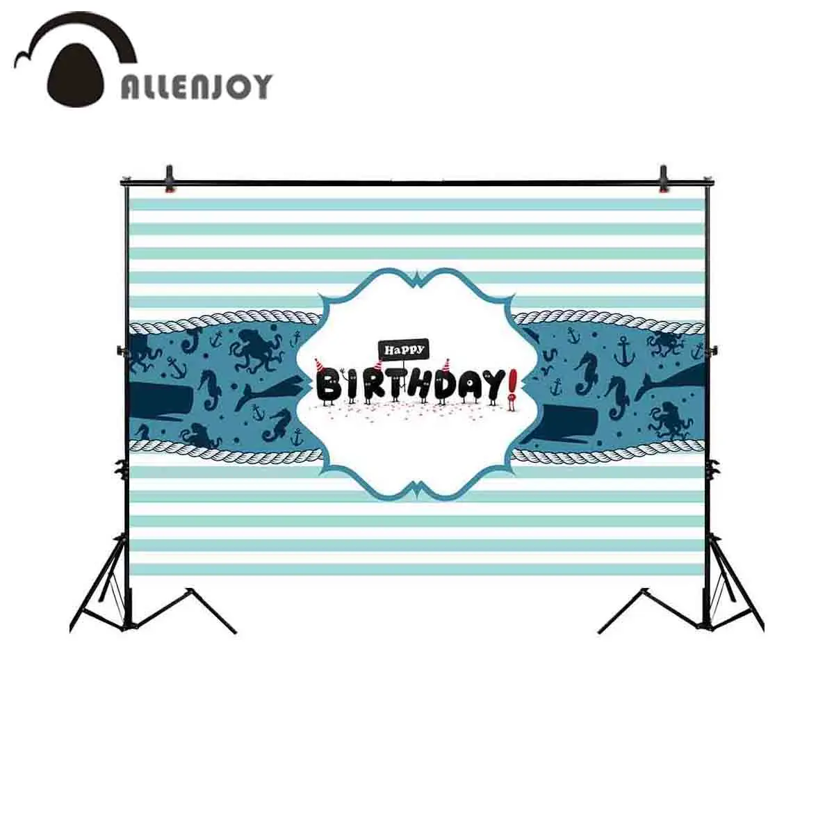 

Allenjoy photophone backdrops blue white stripe Rope frame anchor Marine life silhouette baby birthday patry photo background