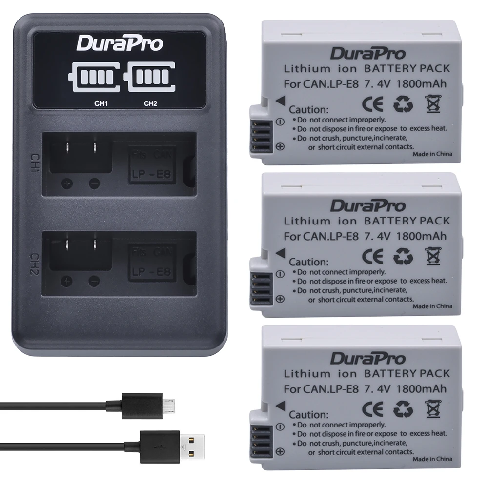 

Аккумулятор Durapro, 3 шт., для литий-ионных аккумуляторов Canon LP-E8, LP, E8, LPE8, со светодиодной подсветкой, двойное зарядное устройство USB, для камеры Canon EOS 550D, 600D, 650D, 700D