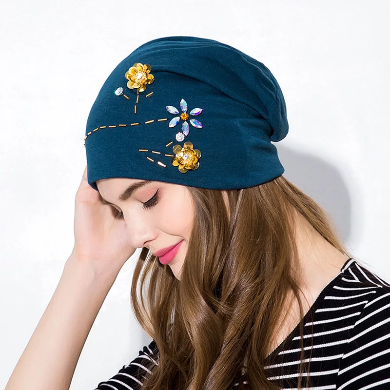 GZHILOVINGL 2018 New Autumn Winter Women Ladies Slouchy Skullies Beanies Girls Sequin Rhinestone Flower Casual Cotton Beanie Hat