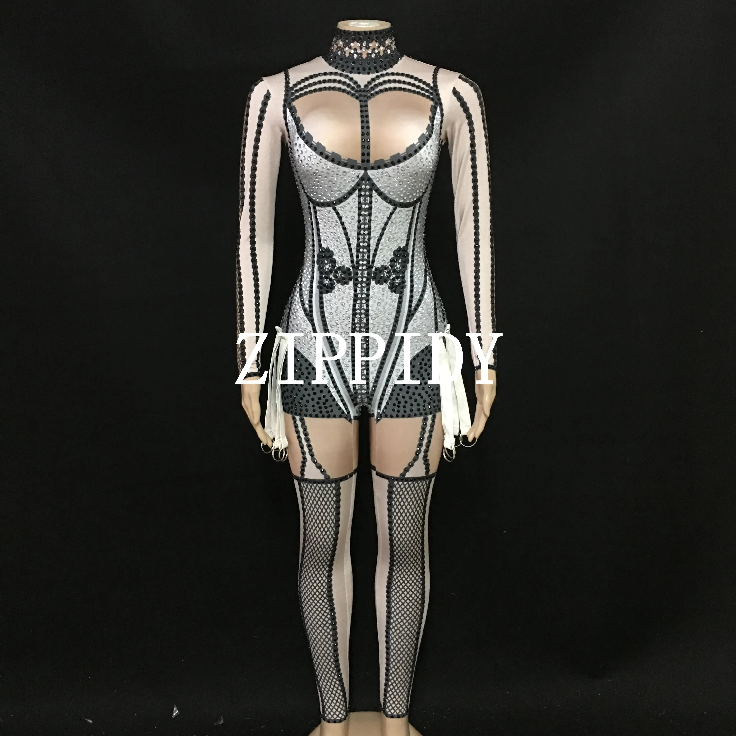 Shining Black Printed Nude Stretch Jumpsuit Female Singer Dancer Sexy Leggings Costume Bodysuit Nightclub Outfit  Wear Outfit