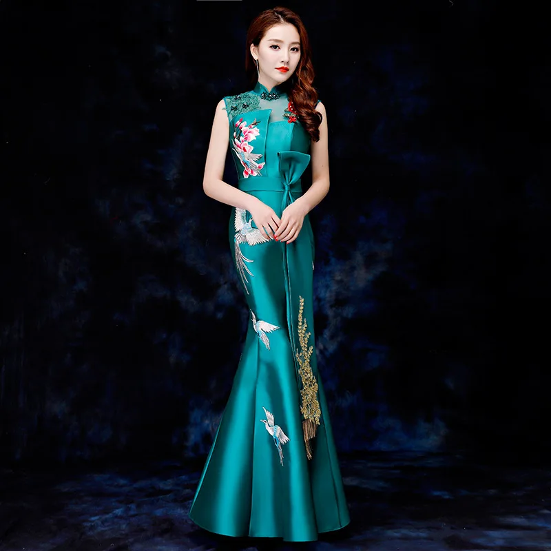 

Green Sexy Mermaid Long Stage Show Cheongsam Dress Vestidos Chinos Oriental Qipao Evening Gowns Classic Party Dress Size S-XXL