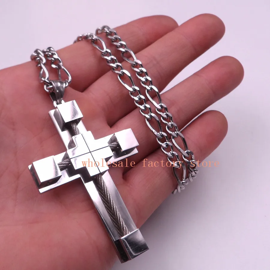 Stainless steel Biker Large Wire Cross Pendant Men's Necklace  figaro 6mm 24 inch