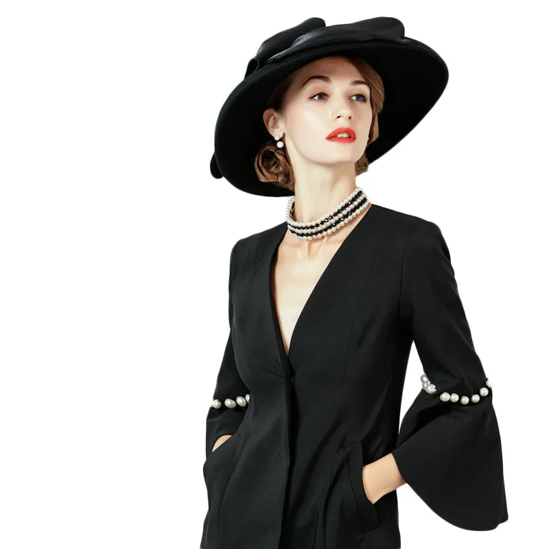 FS Women Black Hat Large Wide Brim Wool Felt Fedoras Hats Winter Church Hat For Wedding Bowler Cloche Hats Derby Sombrero Mujer