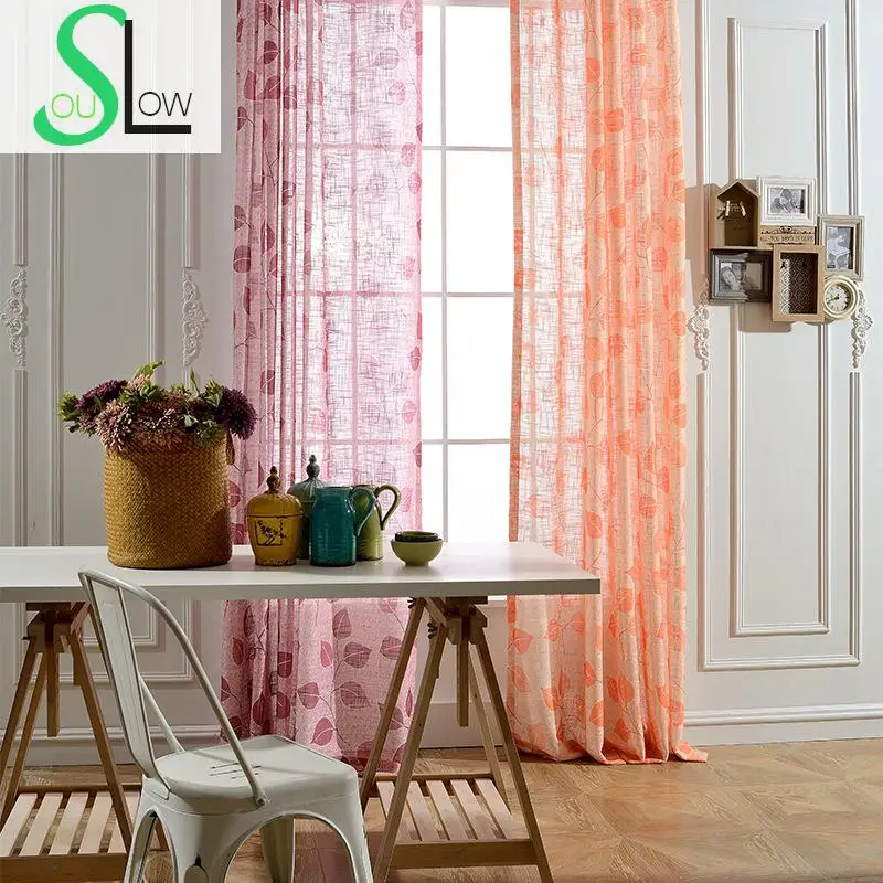 Slow Soul Red Orange Modern Jacquard Curtain Window Leaves Curtains For Living Room Tulle Cortinas Sheer Kitchen Bedroom Drapes