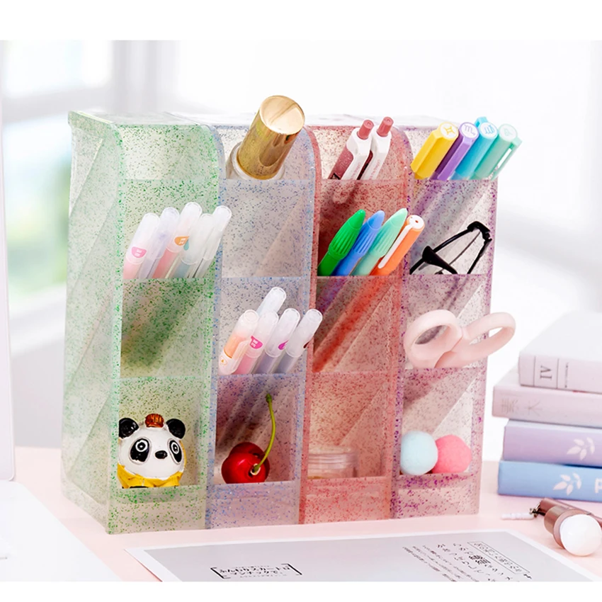 Cute Pen Holder Rack Staionery  Box Office Desktop Organizer Transparent Glitter Sundries/Cosmetic Storage Box for Girls