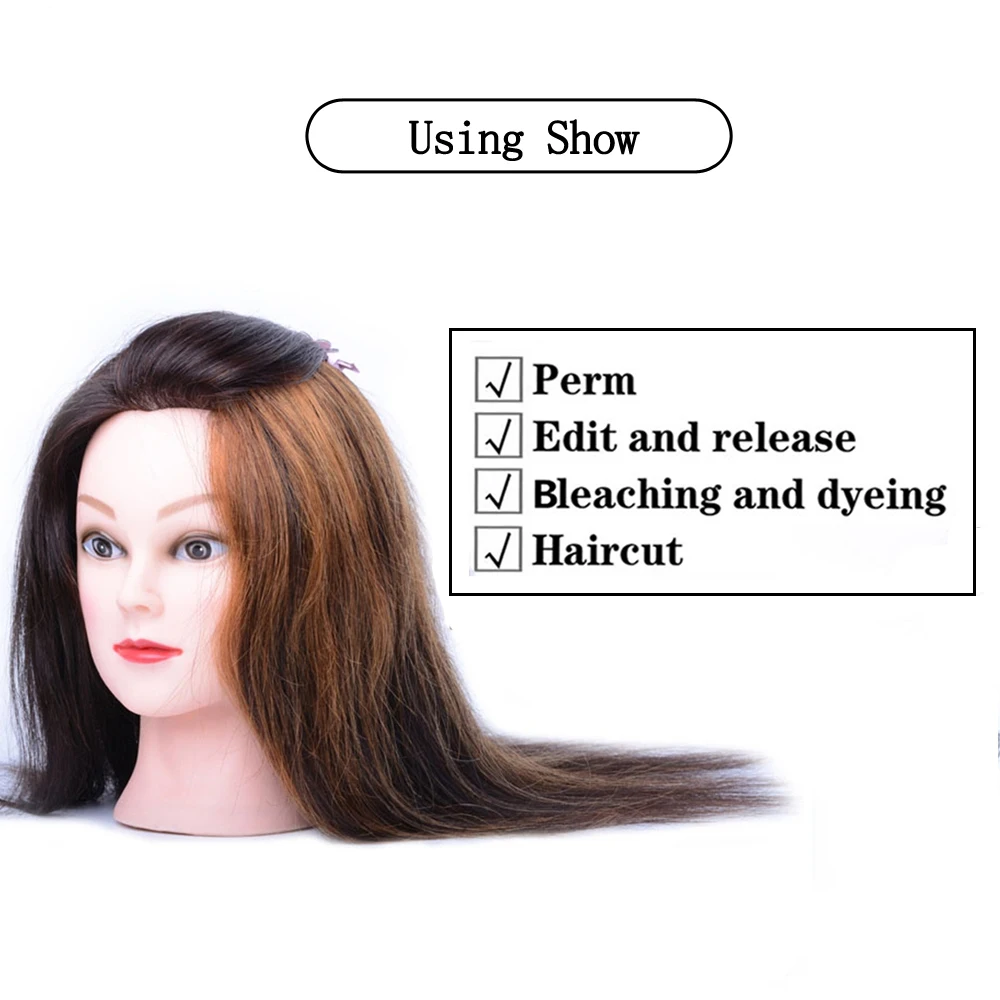 Mannequin Head Straight 100% Brown Human Hair Hairdresser Perm Bleaching Dye Haircuts Manikin Cosmetology Doll Head For Training