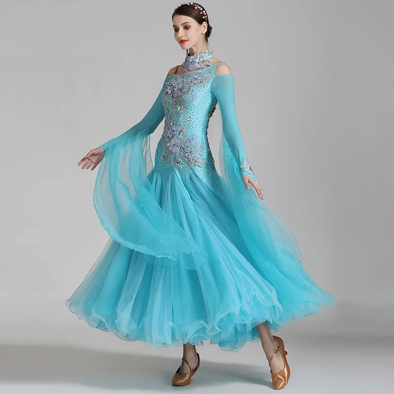 Vestido de competición de baile de salón, traje de salón con flecos, vestido de baile estándar, vestido de foxtrot, trajes de baile tang, Ropa de baile azul