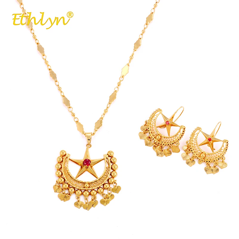 

Ethlyn 2018 Gold Color Beautiful Ethnic Wedding Luxury Jewelry Sets for Women Accessories Lock Star Big Necklace/Drop Earrings