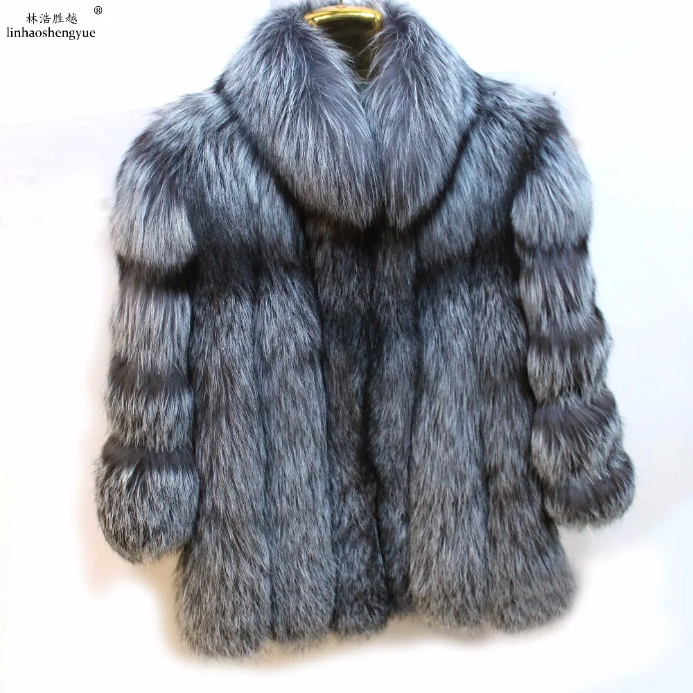 Linhaoshengyue  winter fashion women  natural Silver Fox fur coat  women  with stand collar,real fox fur coat