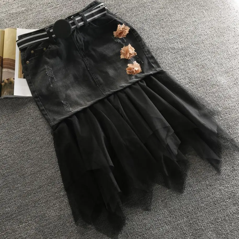 

Denim skirt women spring autumn high waist black mesh stitching flower package hip jeans skirt a-line