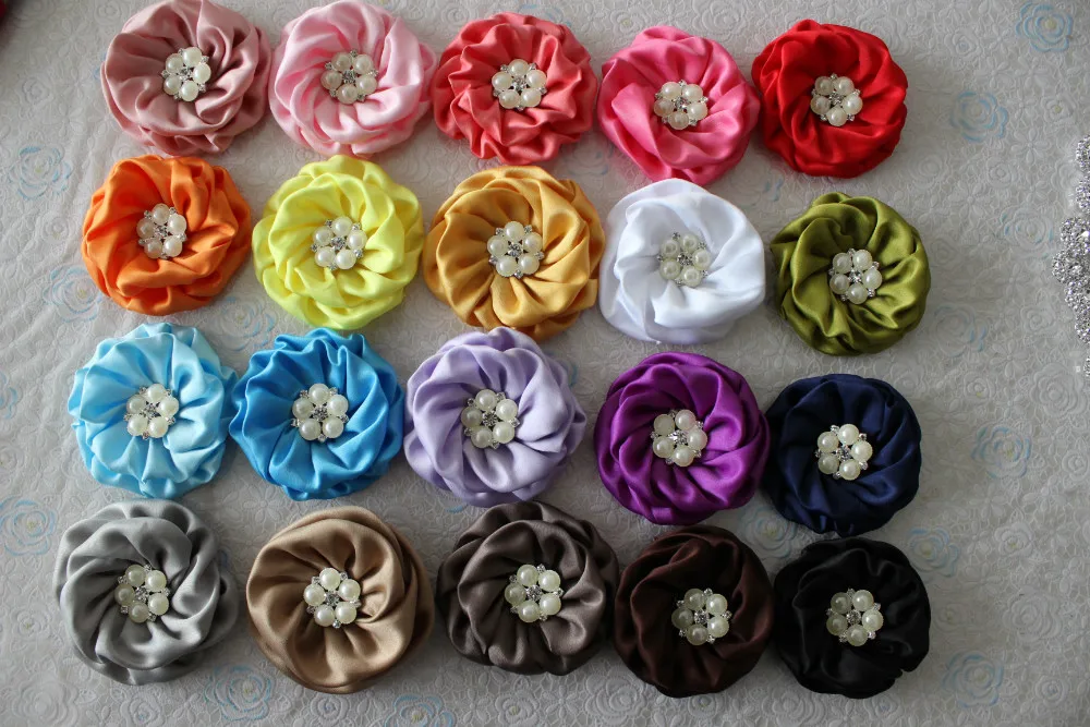 girl hair flowers Matte Satin Rolled Flower pearl rhinestone center Rose Flower for headband 7-7.5cm 100pcs kids flower