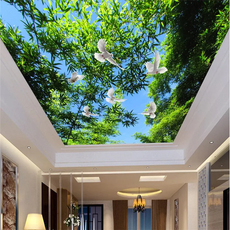 

beibehang Ceiling Wallpaper Blue sky and green trees pigeons Murals Living Room Bedroom Ceiling Background Wall Mural Wallpaper