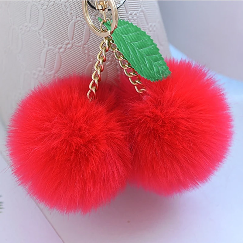 Original Cherry Pompom Ball Keychain Fluffy Faux Rabbit Fur Pompon Key Chain Pom Pom Toy Keyring Bag Charms Car Trinket