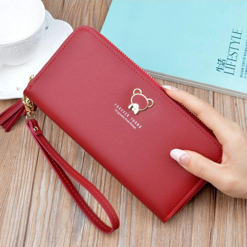 

New Fashion Women Wallet High Quality Leather Coin Purse Card Holder Tassel Female Clutch Wallets with Wristband Carteira