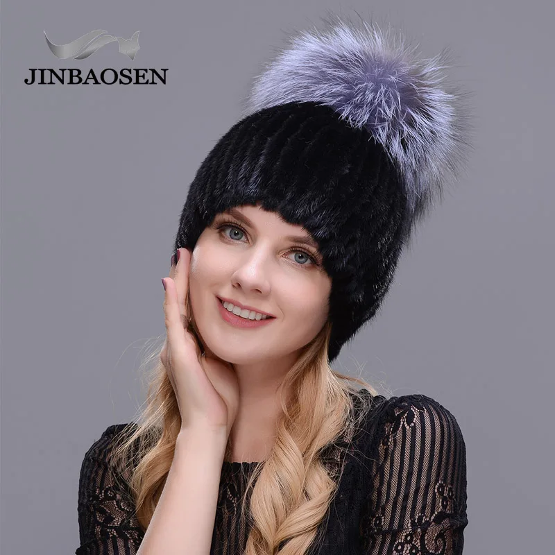 

JINBAOSEN Hot Fur Hat Mink Hat Fur Fox Fur Knit Hat Winter Women's Warm Ski Cap