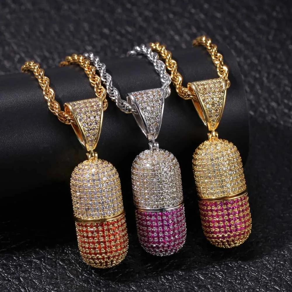 Micro Paved AAA CZ Stone Cubic Zirconia Pill Capsule Pendants Necklaces Men Hip Hop Bling Ice Out Rapper Jewelry 24