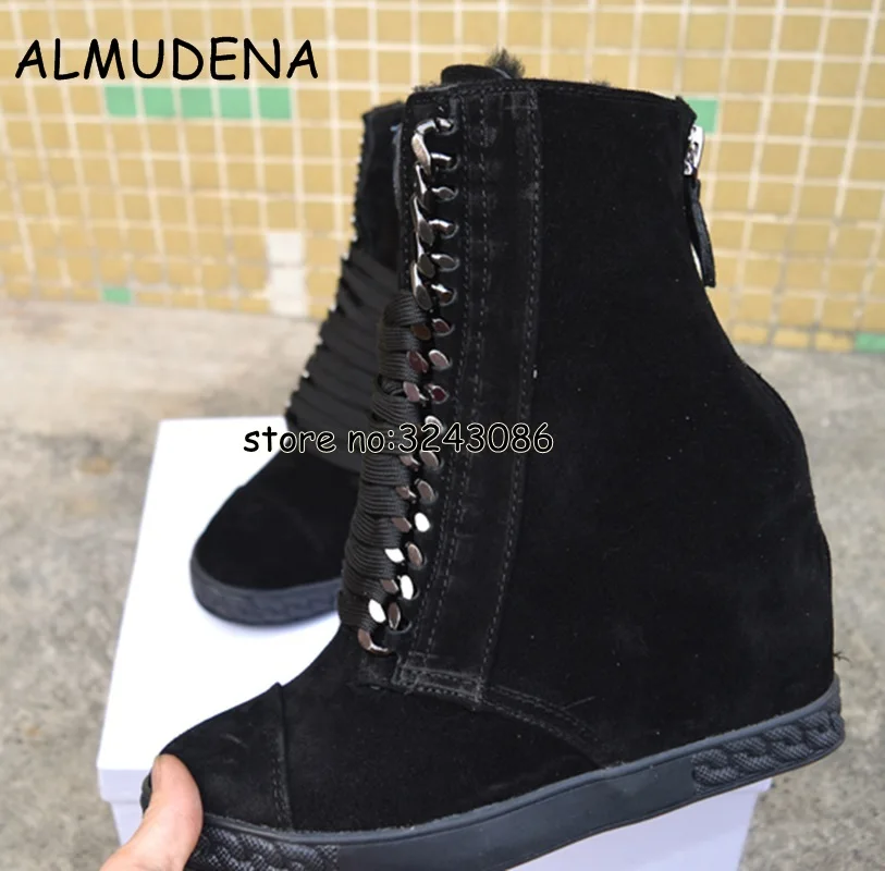 Winter Autumn Metal Chain High Platform Casual Shoes Outdoor Leather Suede Woman Short Ankle Boots Round Toe Shoes Fashion Boots