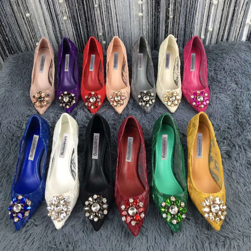 Romantic Ladies Gem Crystal Flower Buckle Lace Pumps Woman Floral Lace Bridal Shoes Sexy Pointed Toe Rhinestone Wedding Shoes