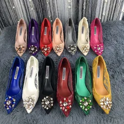 Romantic Ladies Gem Crystal Flower Buckle Lace Pumps Woman Floral Lace Bridal Shoes Sexy Pointed Toe Rhinestone Wedding Shoes