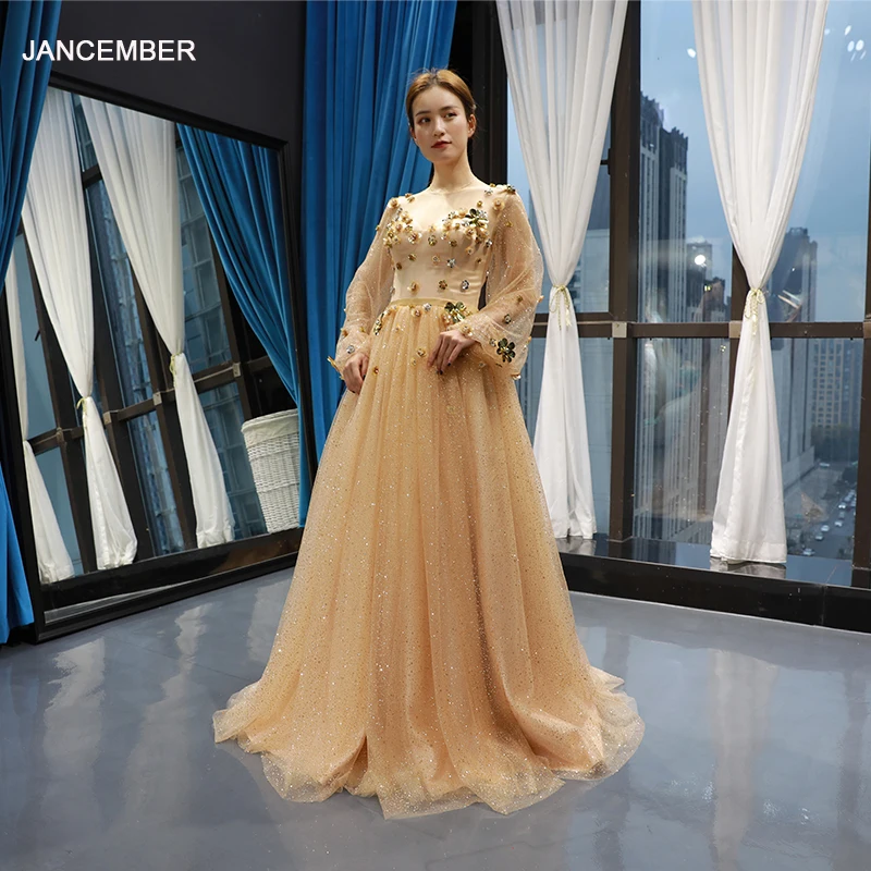 J66751 Jancember Champagne Long Sleeve O Neck Prom Dress 2020 A-line Flowers Beaded Vestidos Formales платье вечернее Robe Femme