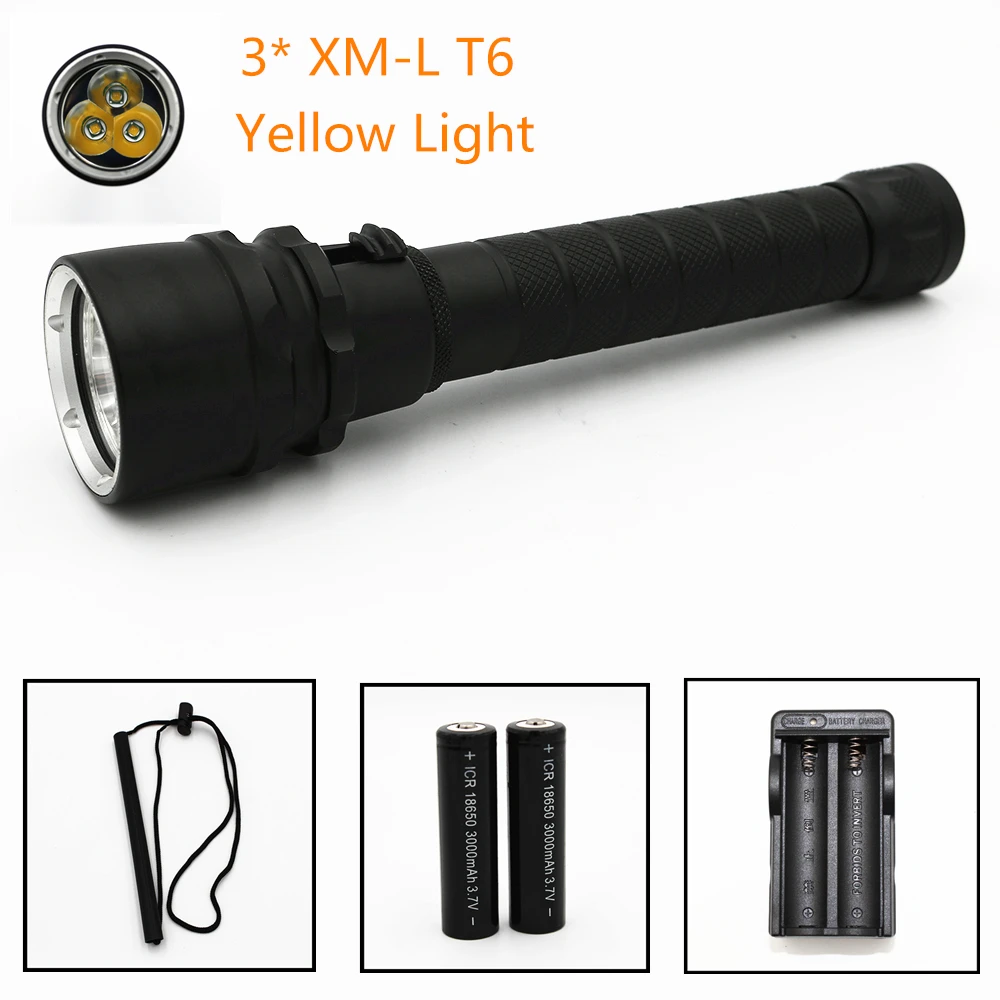 Diving flashlight 3 * XML-T6 LED 2800LM Yellow Light 30W Stepless dimming Underwater Waterproof 100M Torch Power by 2x 18650