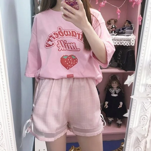 hahayule Pink girl Series Strawberry Milk Graphic Summer Fashion 100% Cotton Casual Tops Korean Style Girl Funny  Short Sleeves