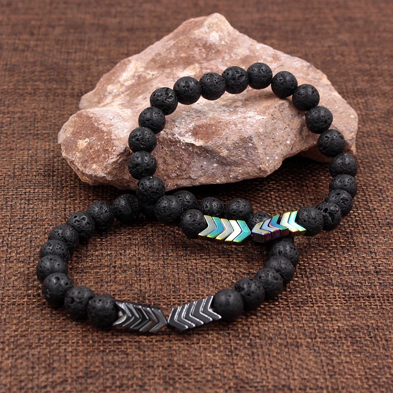 Black Lava Stone Triangle Hematite Stone Beads Bracelets Bangle Healing Balance Yoga Magnet Arrow Beads Bracelet For Men Women