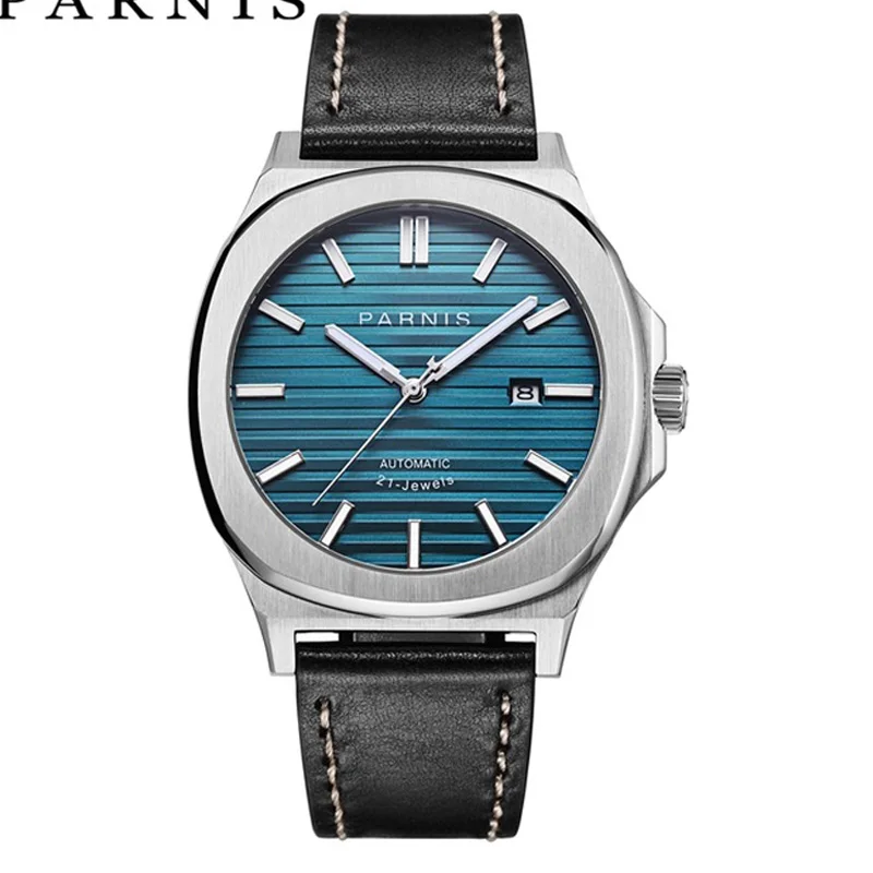 Fashion Parnis 42mm Blue Dial Mechanical Watches Automatic Men Leather Strap Calendar Watch reloj automatico de hombre 2023 Gift