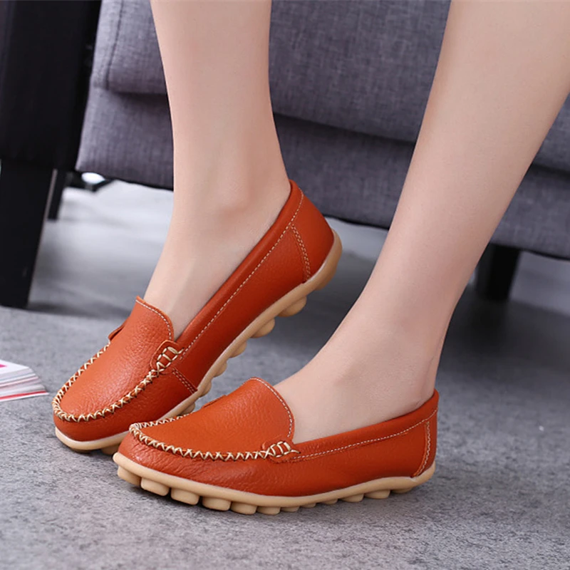 WOIZGIC Female Ladies Women Mother Genuine Leather Shoes Flats Loafers Slip On Moccasin Sapatos Femininos Size 41 42 XLZ-918