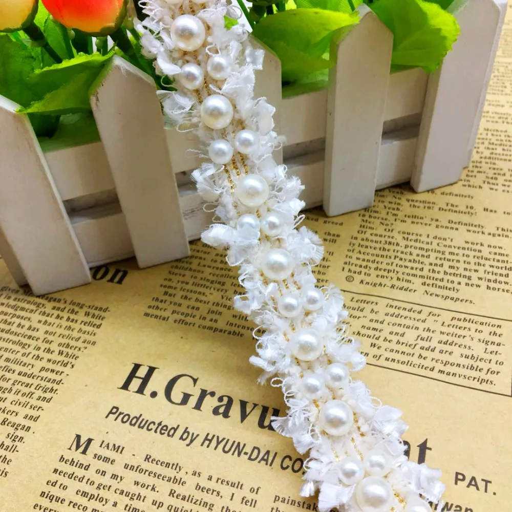

GXINUG 2 Yd Ivory Nylon Pear Beaded Lace Trim Ribbon Applique Sewing Craft Crochet Fabric Edging Trimmings Vintage Wedding Dress