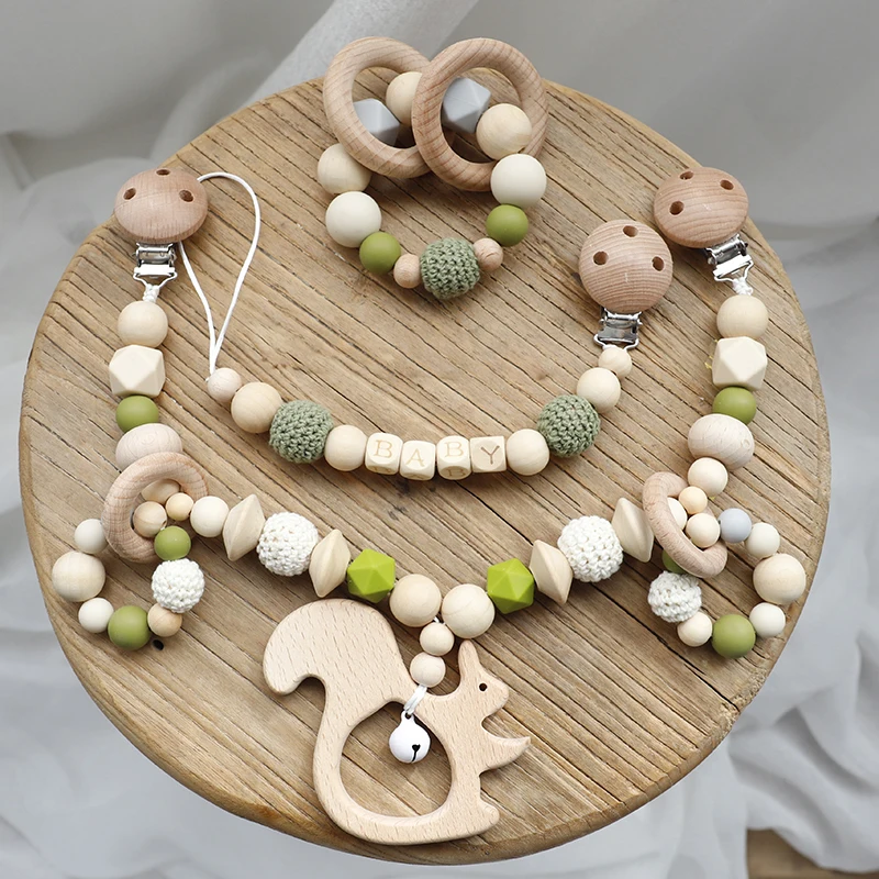 Baby Toys Silicone Beads Teethers Wooden Rings Handmade Bracelet Pacifier Chain Clips Teething Pram Stroller Bell Baby Products