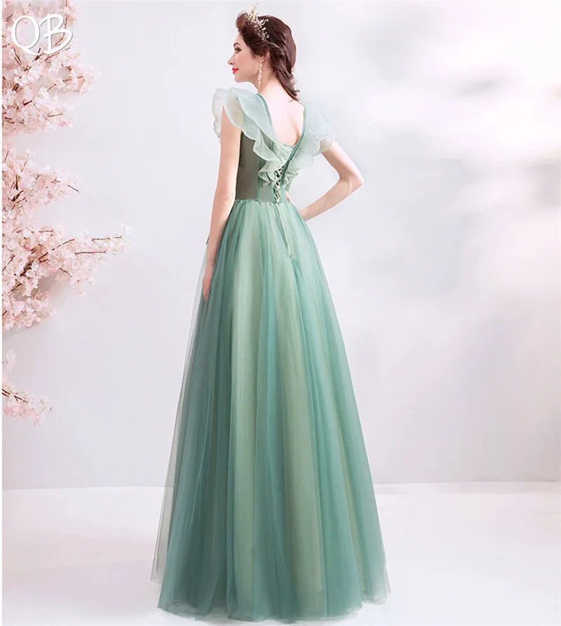 Green  A-line V-neck Tulle Flowers Appliques Long Formal Elegant Evening Dresses 2019 New Fashion Bride Party Prom Dress XH158