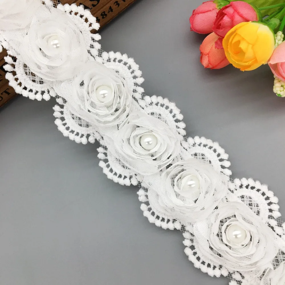 

1 Yard White 3D Rose Flowers Pearl Chiffon Applique Embroidered Lace Trim Ribbon Fabric Bride Clothes Dress Hat Sewing Crafts