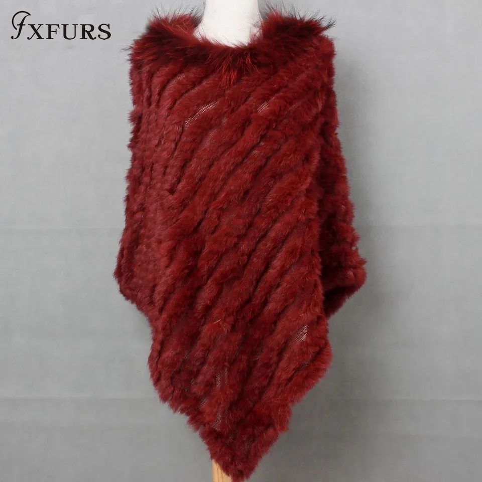 

FXFURS 2020 New Women Fashion Pullover Knitted Rabbit Fur Raccoon Fur Poncho Cape Real Fur Knit Amic Wraps Triangle Shawls Stole