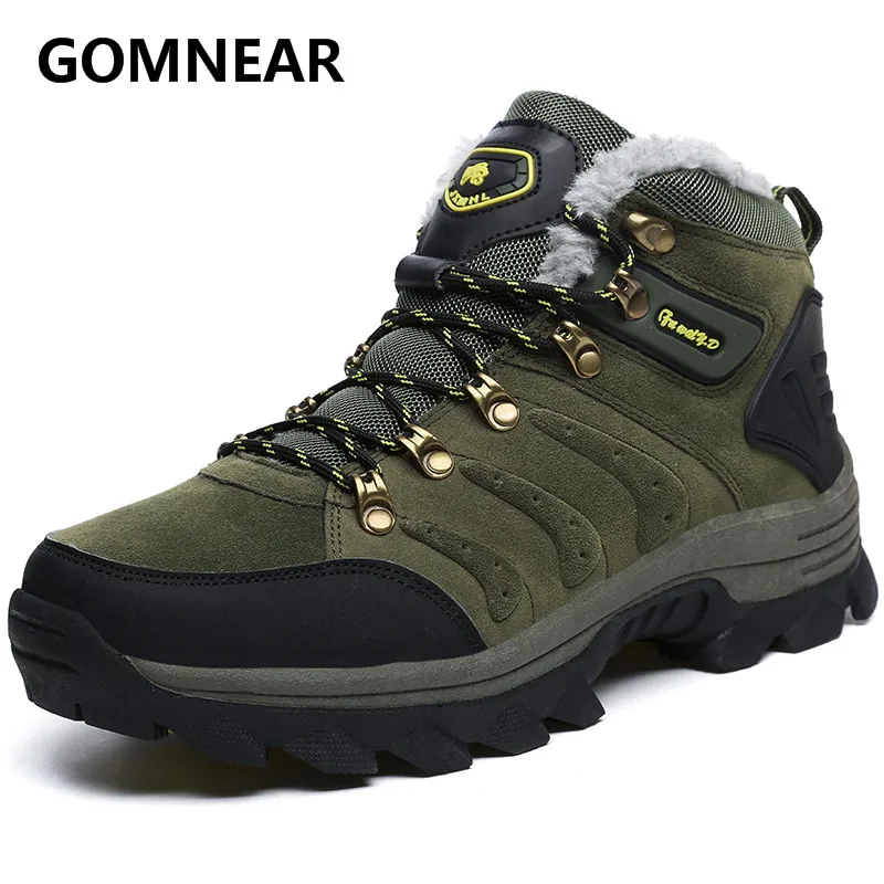 GOMNEAR Big Size New Arrival  Winter Men Warming  Fur Hiking boots Outdoor Antiskid Trekking Sports Shoes Men Hiking Sneaker