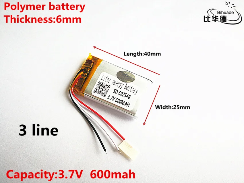 

3 линии хорошее качество 3,7 В, 600 мАч, 602540 полимер литий-ионный/литий-ионный аккумулятор для игрушек, банк питания, GPS, mp3, mp4