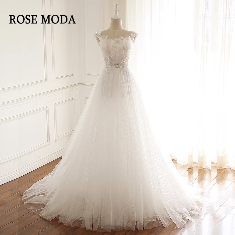 

Rose Moda Stunning Wedding Dress Boho with Beadings V Neck Beach Bridal Gown Lace Up Back Real Photos