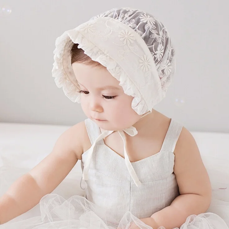 

New Bonnet with Lace Kids Girl Photography Prop Nordic Vintage Pattern Toddler Flower Retro Children Christening Baptism Cap