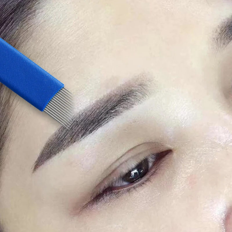 100pcs Microblading Blue Tebori aghi per tatuaggio trucco permanente 7 9 12 14 17 21 lame per sopracciglia manuali