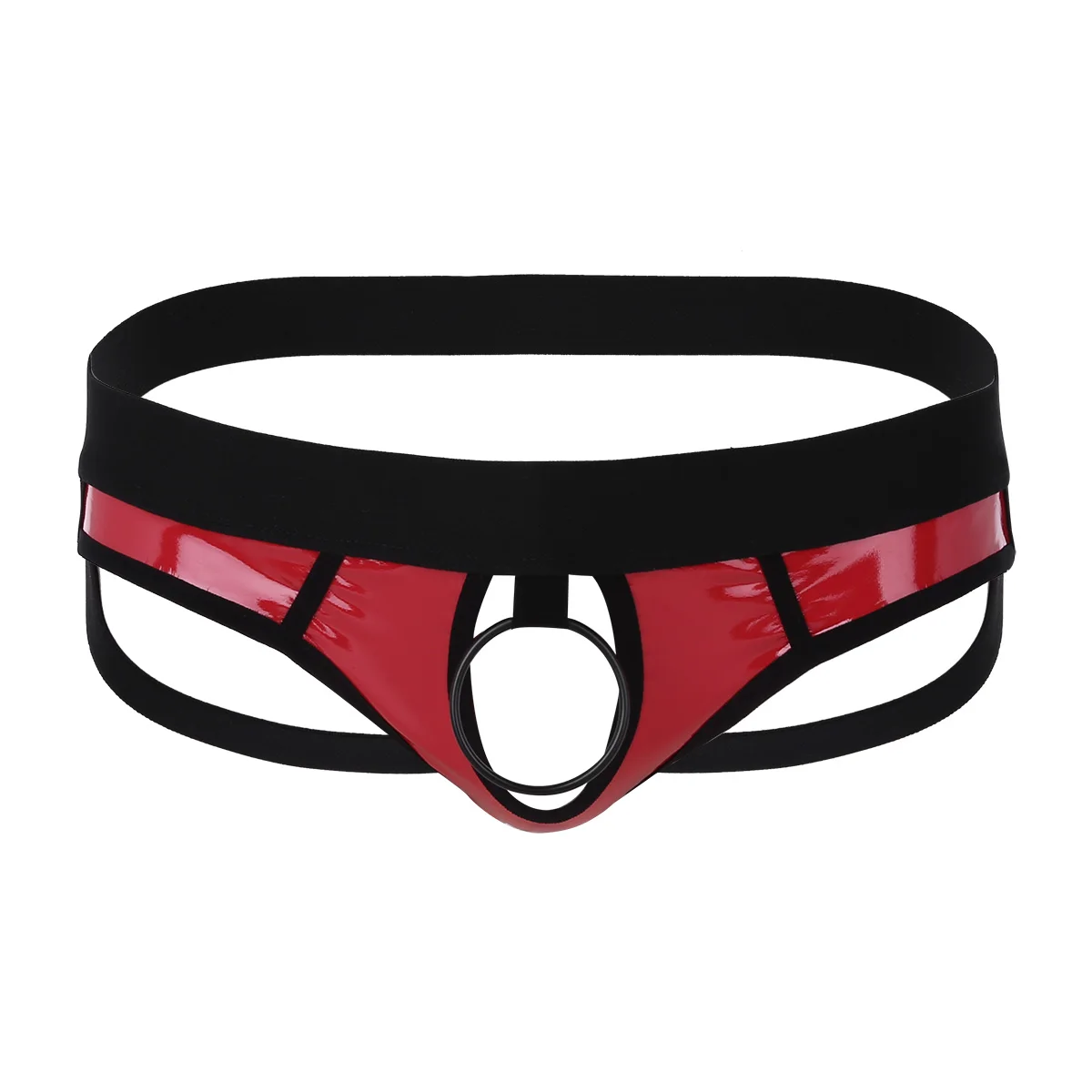 Bikini taille basse en similicuir pour hommes, lingerie sexy, dos ouvert, jockstrap évidé, sous-vêtements string, joint torique en métal