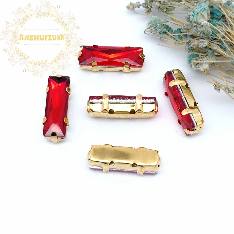 5*10 5*15 Mix Color Rectangle Glass Crystal Rhinestone Sew On Rhinestones With Gold Claw Diy Wedding Dress Accessories 20Pcs/Bag